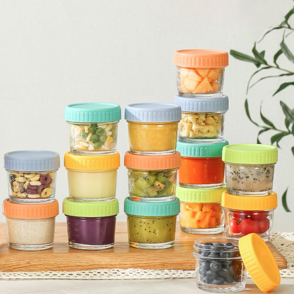 Baby Food Containers Glass - ขวดแก้วใส่อาหารเด็กแบบใช้ซ้ำได้ 6 ชิ้น พร้อมฝาปิด ถ้วยน้ำจิ้มกันรั่ว มีสเกล
