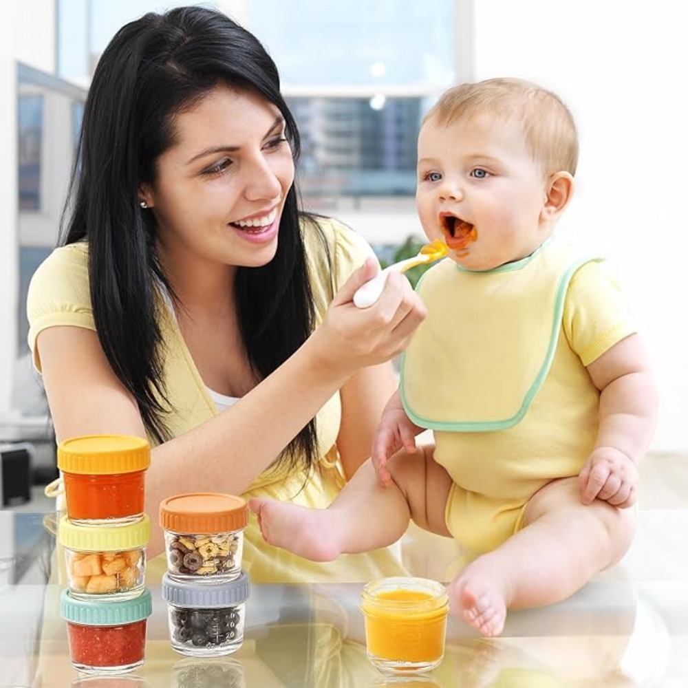 Baby Food Containers Glass - ขวดแก้วใส่อาหารเด็ก 6 ชิ้น ใช้ซ้ำได้ พร้อมสเกล ถ้วยใส่น้ำจิ้ม