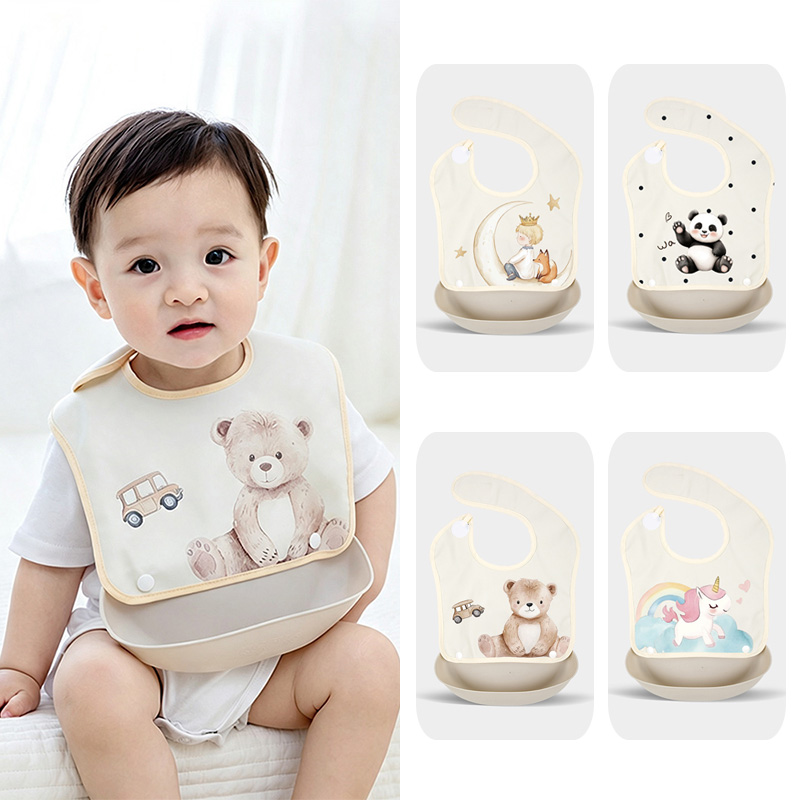 Baby Food Apron - ผ้ากันเปื้อนสำหรับเด็กแบบถอดได้ กันน้ำ พร้อมช่องเก็บอาหารซิลิโคนที่ถอดออกได้ ผ้ากันเปื้อนสำหรับเด็กวัยหัดกิน ซักล้างได้ สำหรับทารก