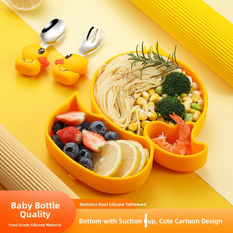 Baby Food Apron - ชุดอาหารเด็กซิลิโคนสแตนเลสลายเป็ดสีเหลือง ชุดจานอาหารเสริมสำหรับเด็ก ชุดผ้ากันเปื้อน ชุดภาชนะสำหรับเด็ก