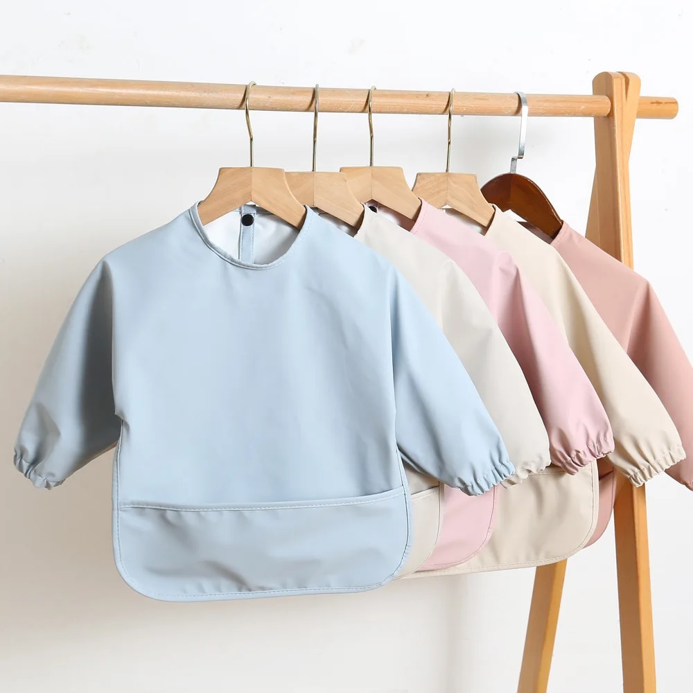 Baby Food Apron - สีทึบเด็ก Bibs แขนยาวเด็กทารกเด็กหญิง Bib ผ้ากันเปื้อนทําความสะอาดง่ายเด็กกันน้ํา Art
