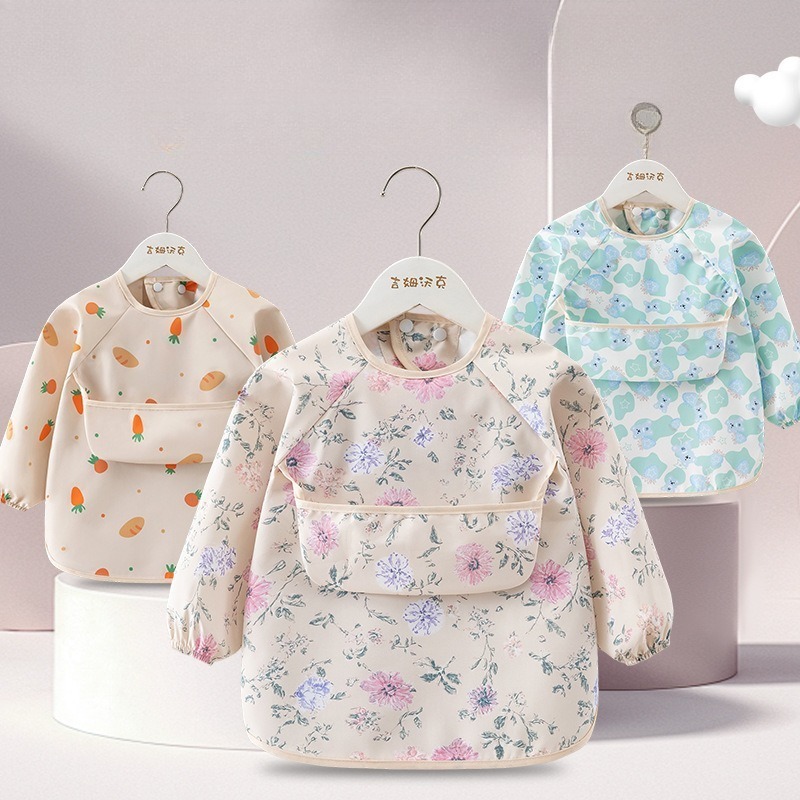 Baby Food Apron - ผ้ากันเปื้อนเด็กแบบกันน้ำ แขนยาว มีกระเป๋าใส่เศษอาหาร สำหรับเด็กวัยหัดกิน ผ้ากันเปื้อนเด็กเล็ก ผ้ากันเปื้อนเด็กฤดูร้อนแบบบาง