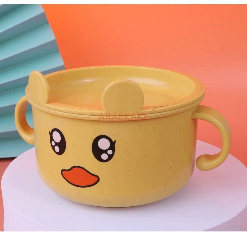 Baby Food Usa - ชามเด็กสำหรับอาหารเสริม ลายการ์ตูน ทำจากฟางข้าว พร้อมฝาปิด ป้องกันการหกและกันความร้อน